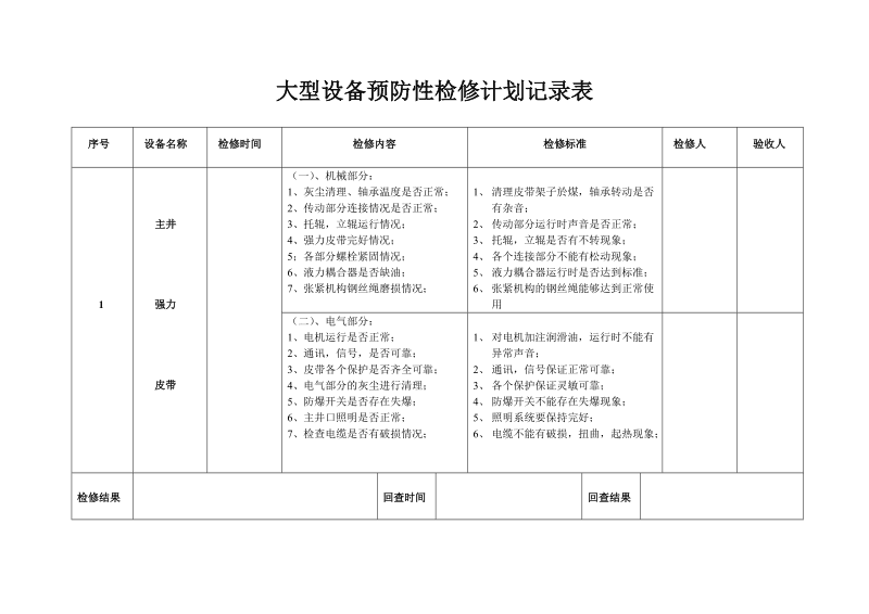 设备检修记录表(设备检修记录表样本卫生服务站)